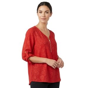 Cathy Red Damask Floral Zip Front Blouse Tunic Roll Tab Sleeve Size L Excellent